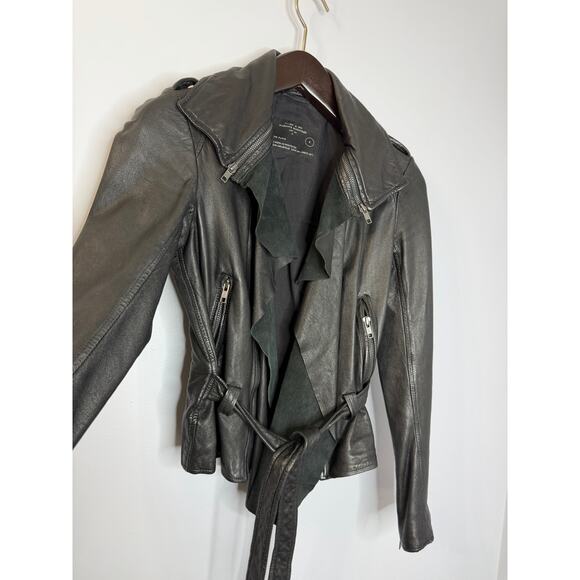 AllSaints Spitalfields Y2K Jacks Place Leather Moto Belted Black Jacket Sz 8 S - Picture 13 of 16